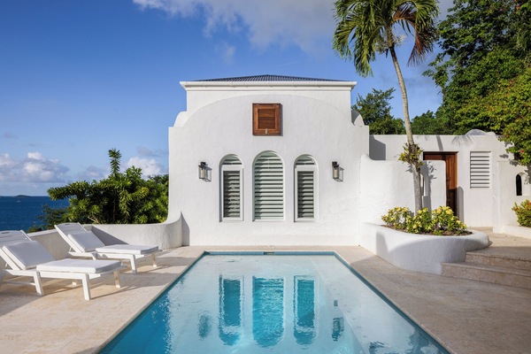 Mediterranean style pool deck with bedroom 1 behind