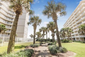 A hotel courtyard with palm trees, a central pathway, and a white fence.