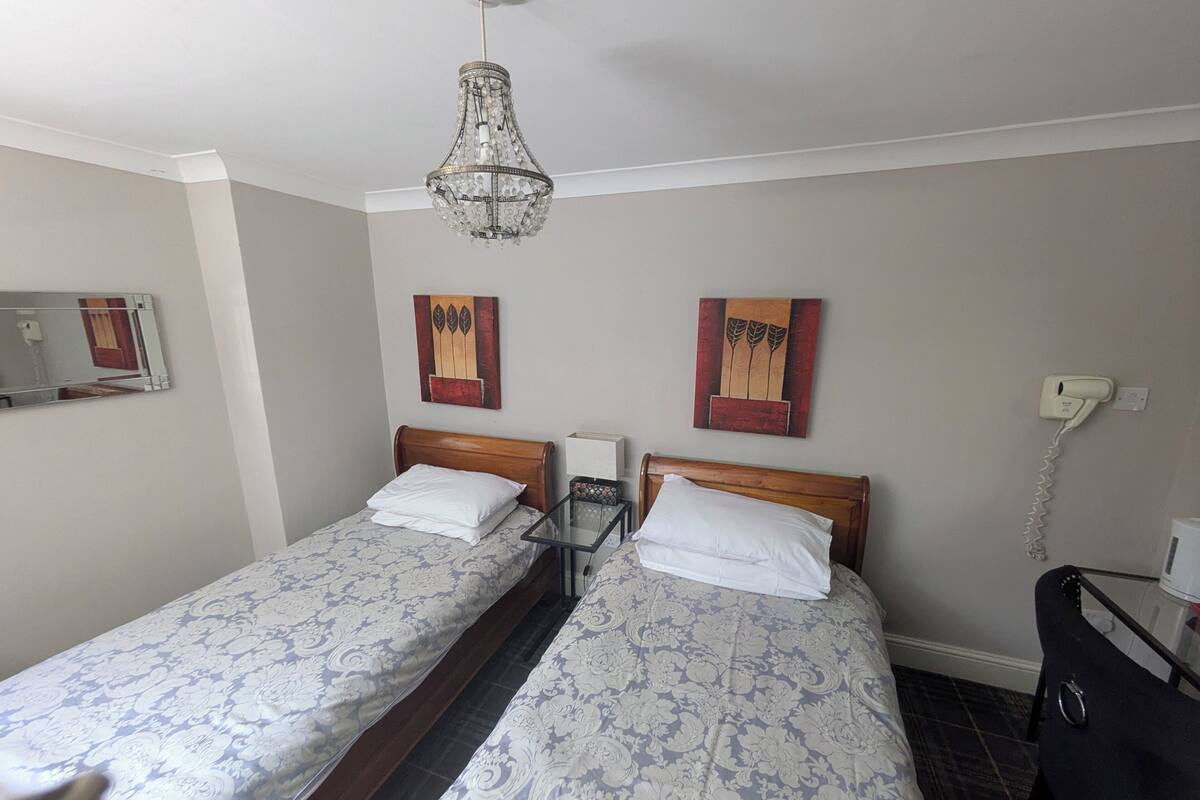 Une chambre d’hôtel avec deux lits simples, un lustre, une table de chevet avec une lampe, un téléphone et des œuvres d’art accrochées aux murs.