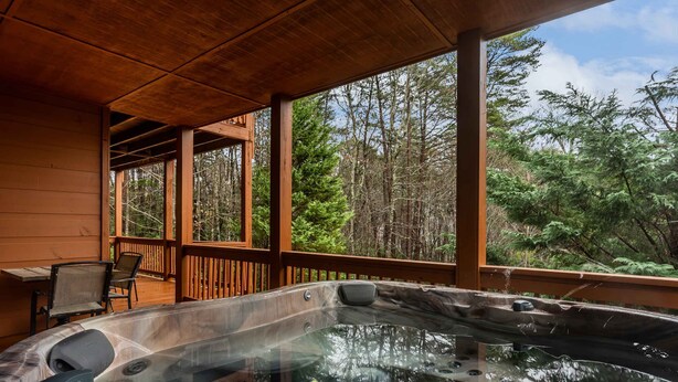A hot tub in a wooden deck area with a view of a forest. - Comfort and Luxury at its best, Hot Tub 1 Dog. New Property (Blairsville)