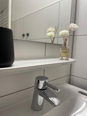 Douche, sèche-cheveux, serviettes fournies, savon