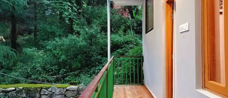 A balcony with a stone wall, a green railing, and a view of dense greenery.