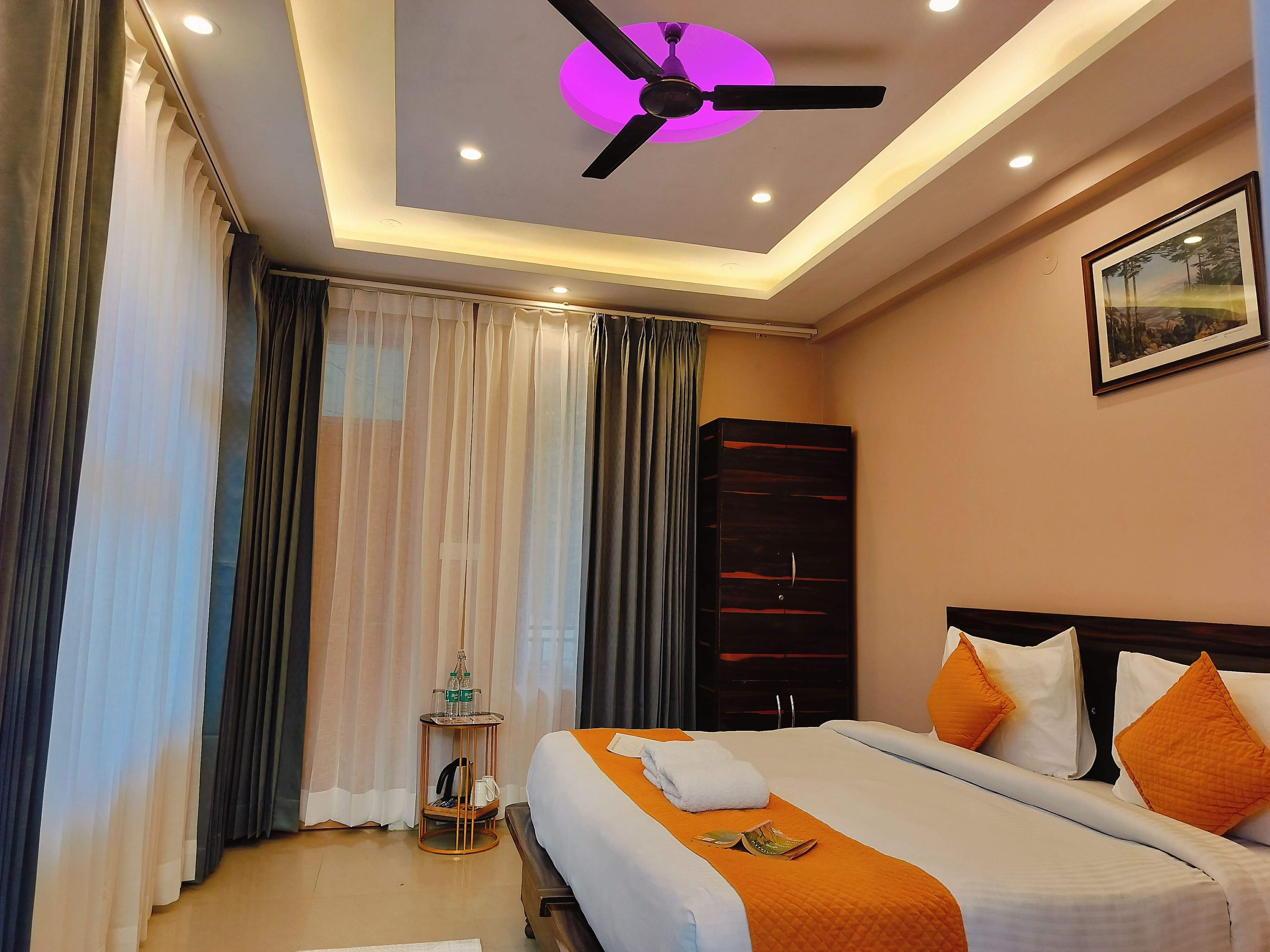 A hotel room with a bed, a ceiling fan, a nightstand, and a framed picture on the wall.