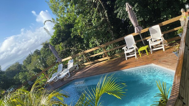 A swimming pool with lounge chairs and umbrellas, surrounded by lush greenery and a wooden deck. - Le Corossol (Fort-de-France)