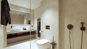 Hair dryer, bathrobes, slippers, towels