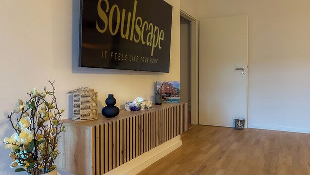 Un comptoir d’accueil avec une enseigne portant l’inscription « Soulscape » et un tableau représentant un bâtiment.