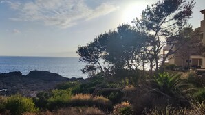 A coastal view with rocky terrain, trees, and a building with balconies overlooking the sea.