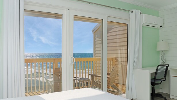 A room with a view of the beach, a desk, a chair, and a bed. - 🌊Dog Friendly-Steps2Bch-Beach Views-Sea Cliff A5 Sunset Shores (Cape San Blas)