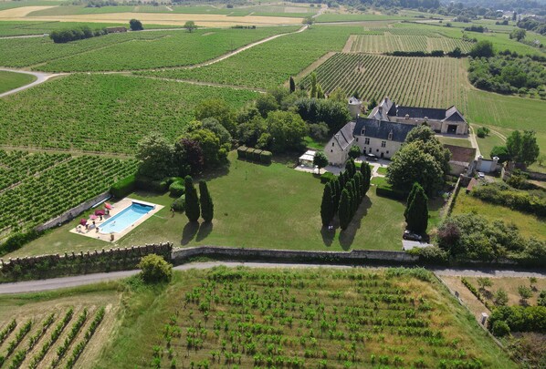 An aerial view of a vineyard with a swimming pool and a large house surrounded by trees. - Loire Valley Château with Pool & Vineyards near Saumur & Chinon (Beaumont-en-Véron)