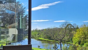 A wicker chair with a cushion, a glass table, and a view of a lake with trees and a clear sky. - House overlooking private lake in mid-mountain setting. Peace and quiet in the heart of nature! (Pradelles-Cabardès)