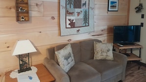 Cabin 1 Unit 1 | Oppholdsområde | En 43-tommers Flatskjerm-TV med Parabol-TV