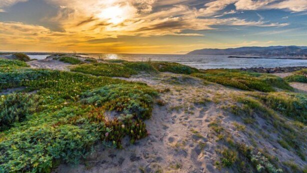 Un paisaje costero con un camino que serpentea entre dunas cubiertas de hierba hacia el mar, bajo un cielo con un atardecer espectacular.