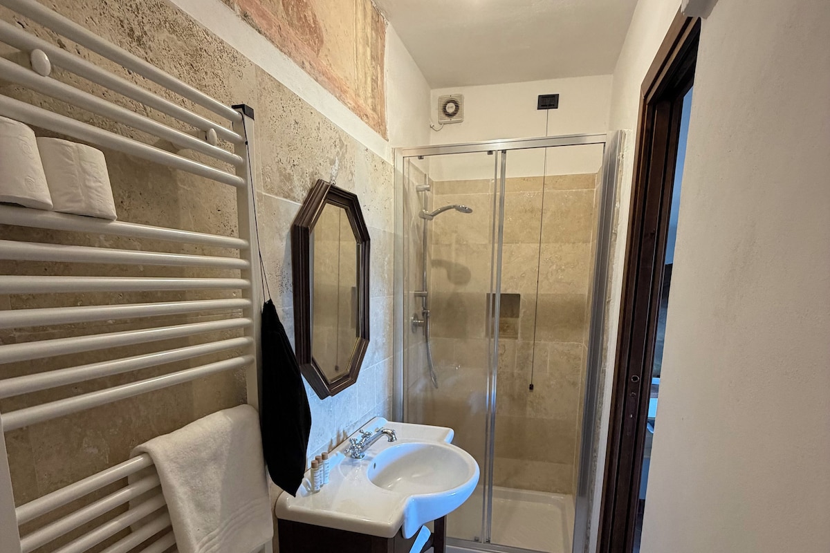 Un baño con un lavamanos blanco, un espejo, toallero y una ducha con cerramiento de vidrio.