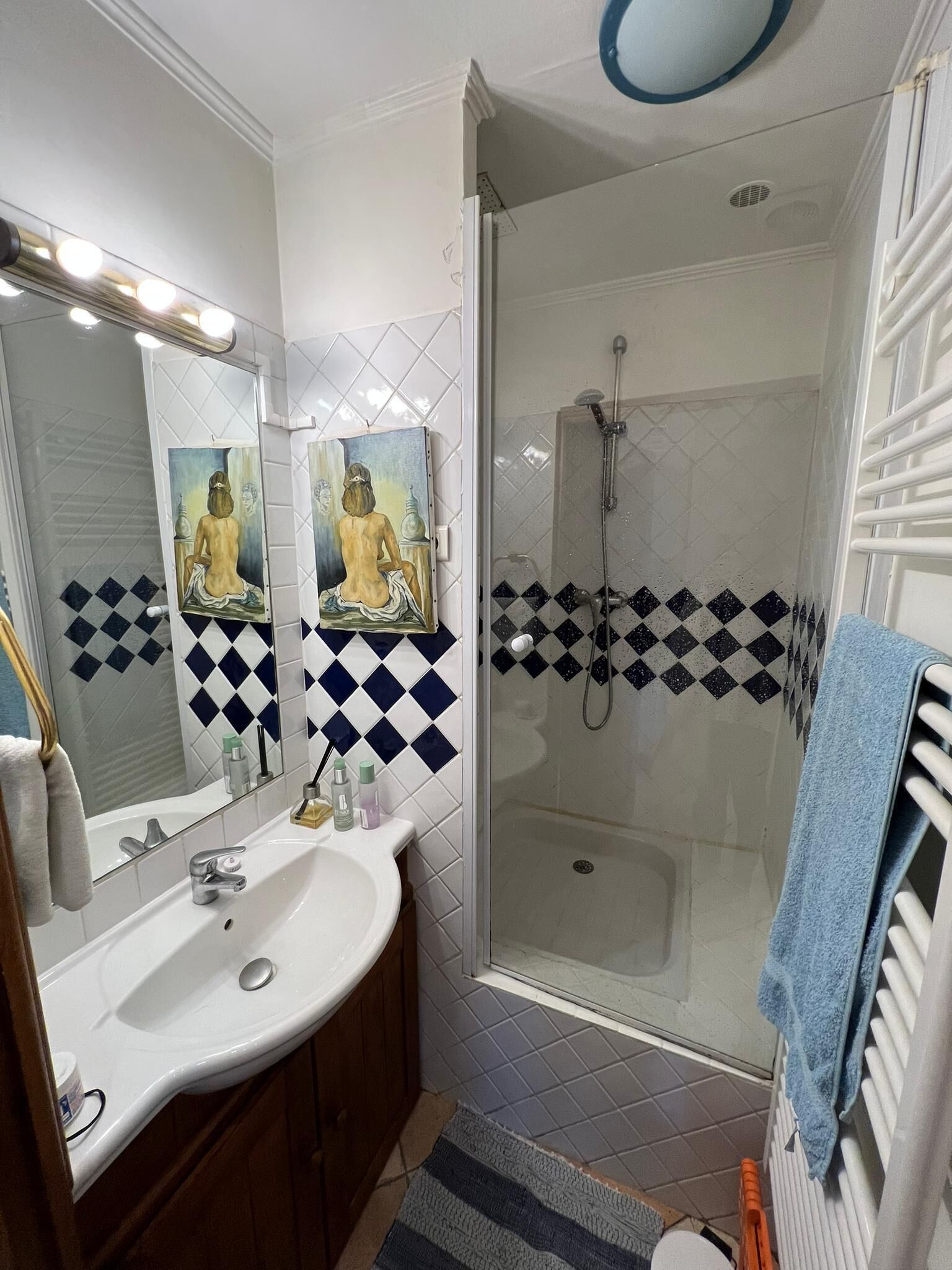 Een haardroger, handdoeken, zeep, toiletpapier