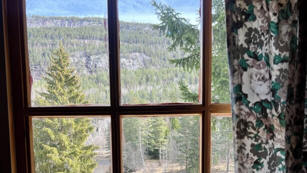 A window with a view of a forest and a lake. - Sanda Camping (Midt-Telemark)