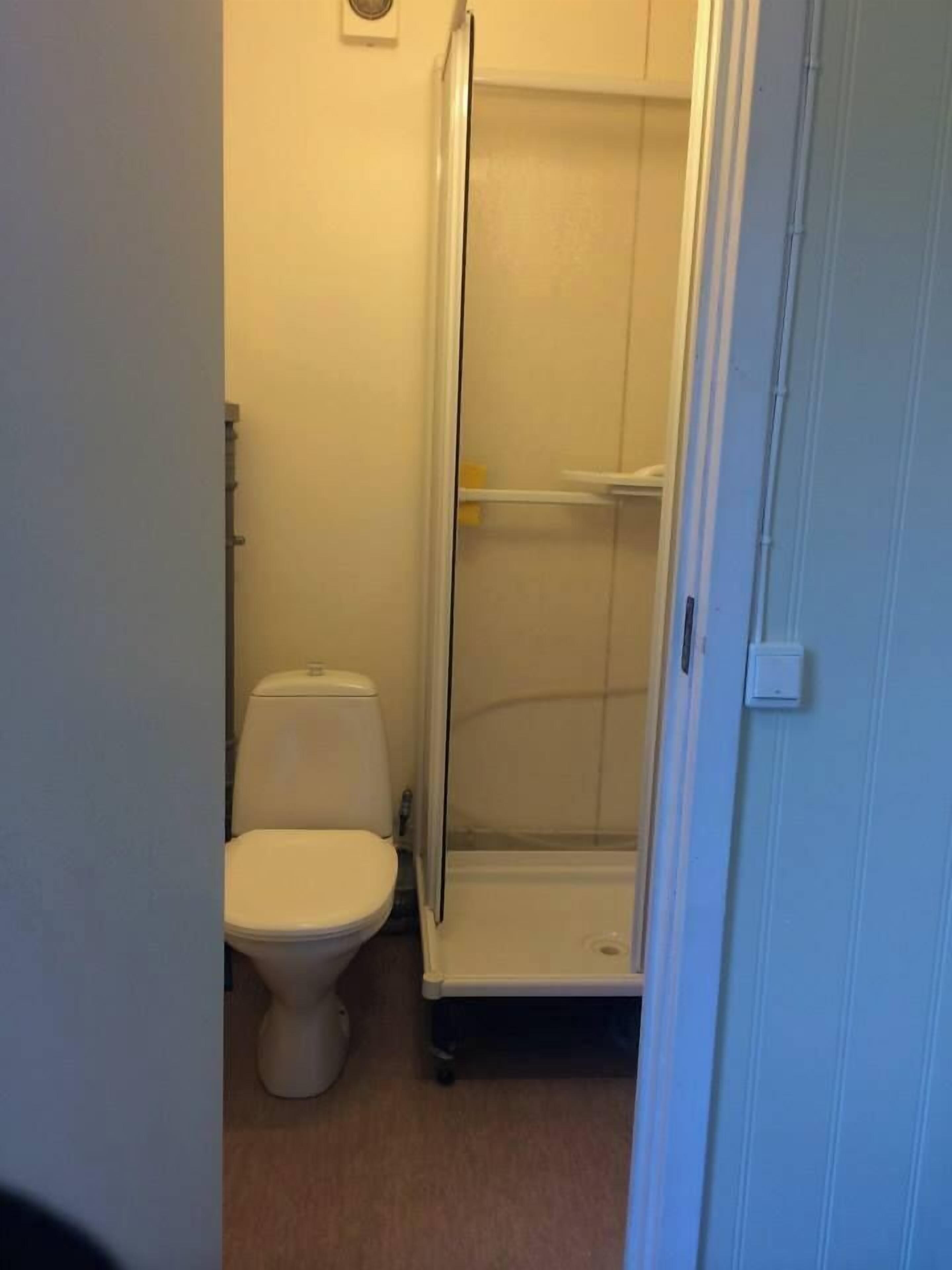 A small bathroom with a toilet and a shower stall.