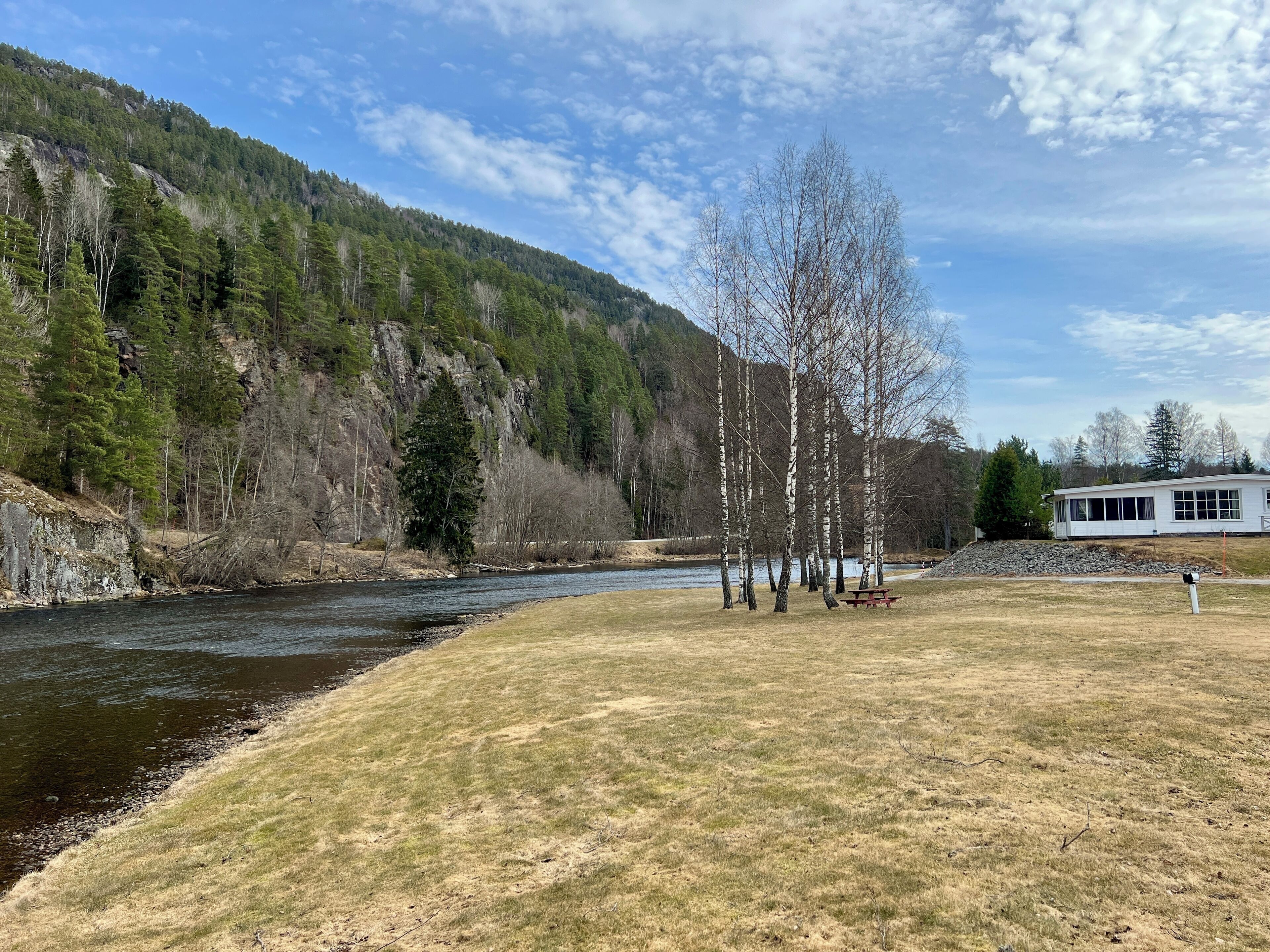 A riverside view with a white building, trees, and a grassy area.