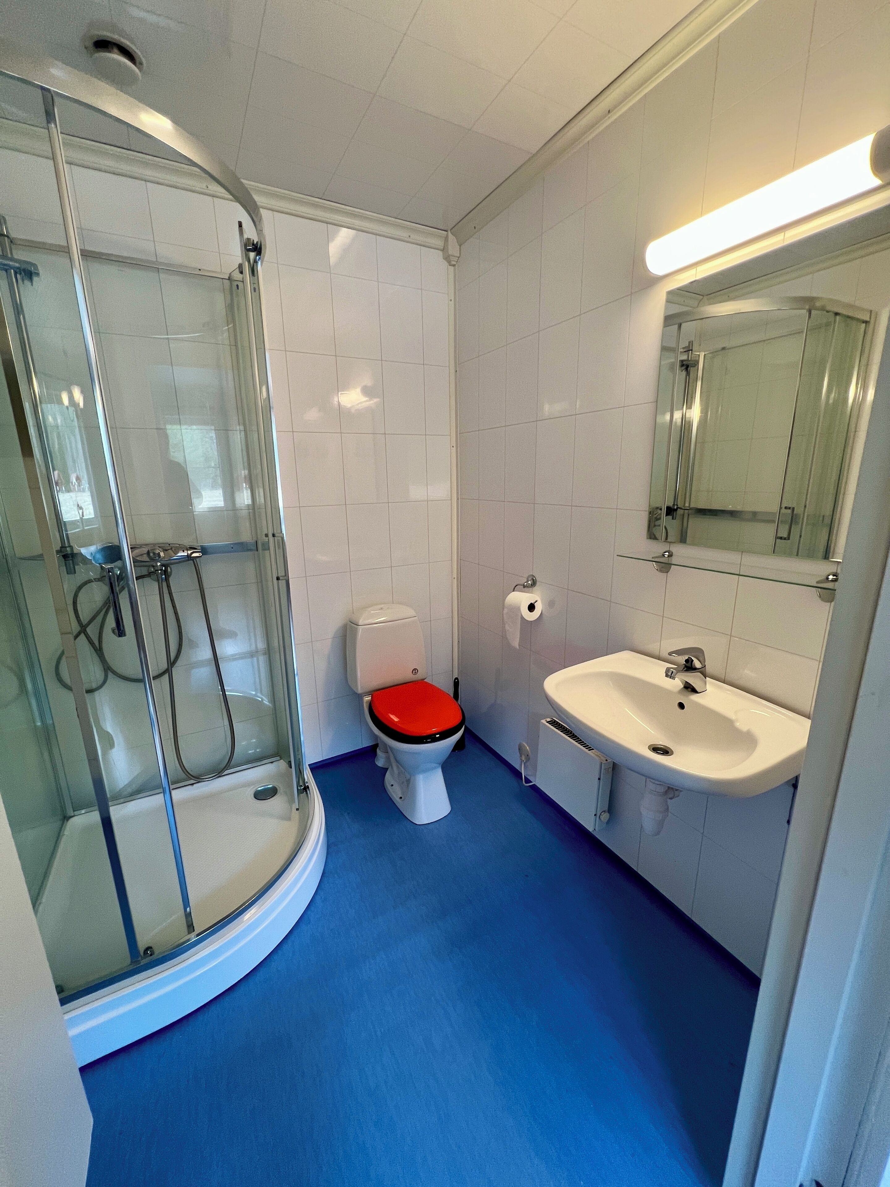A bathroom with a glass shower enclosure, a toilet with a red seat, and a white sink with a mirror above it.