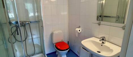 A bathroom with a glass shower enclosure, a toilet with a red seat, and a white sink with a mirror above it.