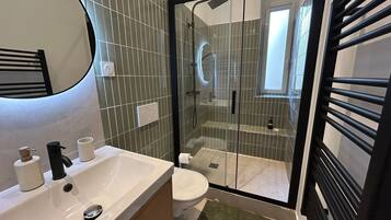 Shower, hair dryer, towels, soap