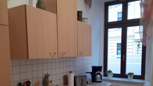 A kitchen with wooden cabinets, a stainless steel sink, a stove, and a window with a view of the street. - To Senckenberg I by Satischni for two people with parking facilities (Görlitz)