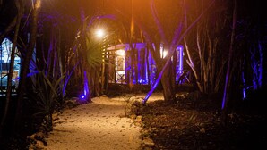 A pathway leading to a building with a warm light source above, surrounded by vegetation and illuminated by ambient lighting. - La Ballena Nómada (Akumal)