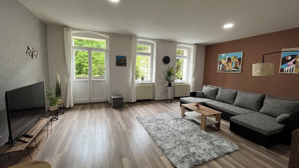 A modern living room with a grey sofa, a coffee table, and a TV. There are large windows with curtains, a radiator, and a plant.