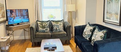 Smart TV, fireplace, DVD player, books