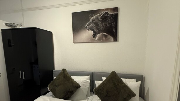 Una habitación de hotel con cama, dos almohadas, cabecera, armario y un cuadro en la pared.