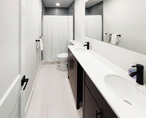 Shower, hair dryer, towels, toilet paper