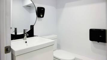 A modern bathroom with a white sink, a mirror, and a toilet.