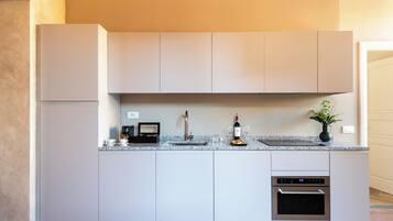 Una cocina moderna con horno empotrado, una botella de vino y una planta en la encimera.
