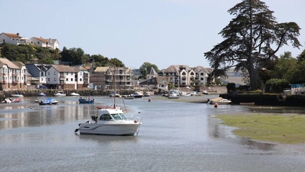 A marina with boats docked, surrounded by residential buildings and a large tree. - Farthing Cottage…cute ‘n’ cosy! (Kingsbridge)