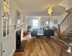 Télévision, cheminée, chaîne hi-fi