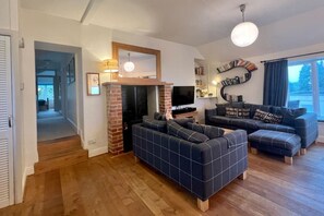 Tv, eldstad, tv-spel och en stereo