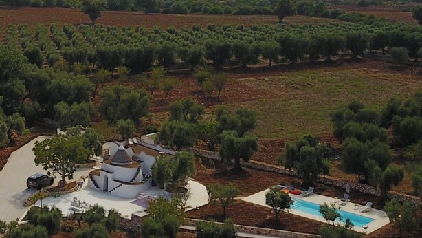 An olive grove with a white building featuring a pool and outdoor seating. - Trullo The Magnificent (Ostuni)