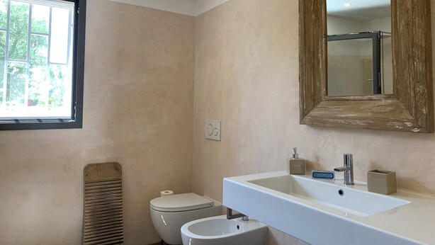 Une salle de bain avec des toilettes, un lavabo et un miroir.