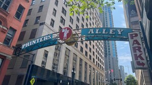 A street sign for Alley, with a pedestrian crossing sign below it.
