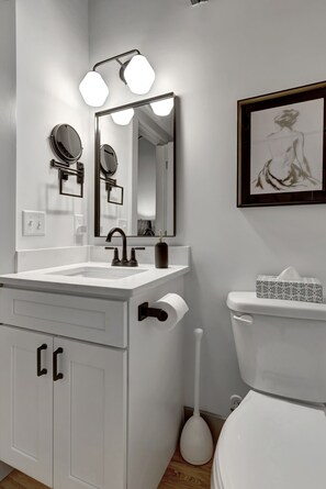 Hair dryer, towels, soap, shampoo