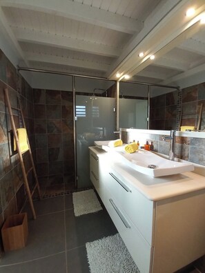 Shower, hair dryer, towels, soap