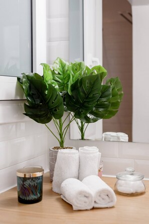 Shower, hair dryer, soap, shampoo