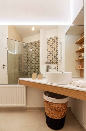 Chuveiro, secador de cabelo, shampoo 