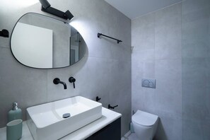 Shower, hair dryer, soap, shampoo