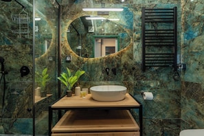 Shower, hair dryer, soap, shampoo