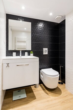 Shower, hair dryer, soap, shampoo