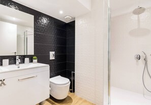 Shower, hair dryer, soap, shampoo