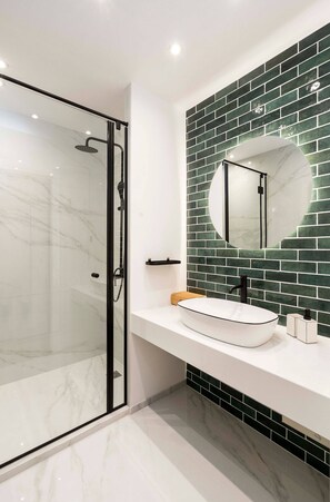 Shower, hair dryer, soap, shampoo