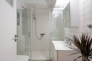 Shower, hair dryer, soap, shampoo