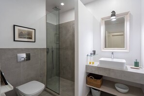 Shower, hair dryer, soap, shampoo