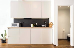 Fridge, microwave, coffee/tea maker, toaster